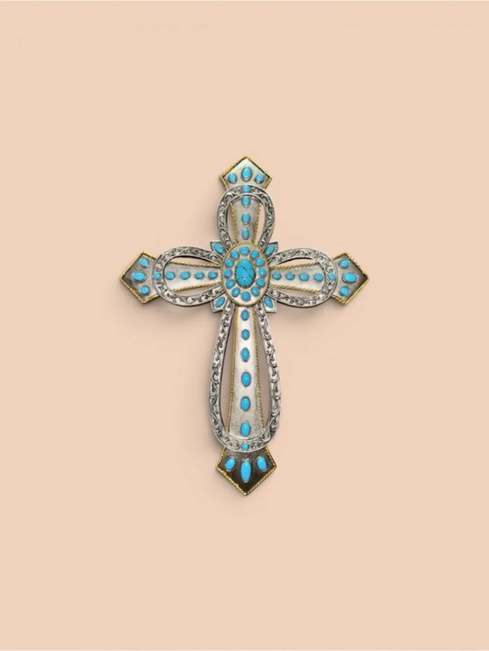 Simulated Turquoise Stone Silver Cross with Filagree Home Decoration Religious